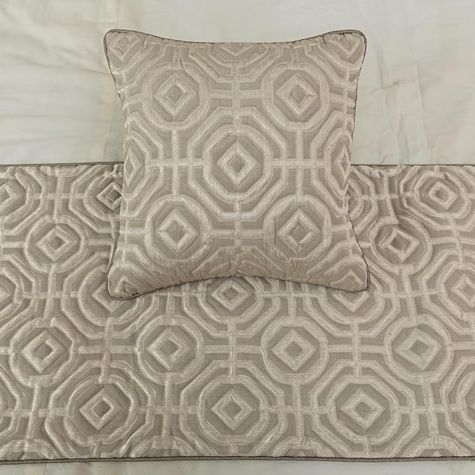 The HomeCentric King/Queen/Twin Beige Designer Full 68"x18" Bed Runner with 2 Pillow Cover, Textured Bed Scarf on Silk Fabric - Hexagonal Norma