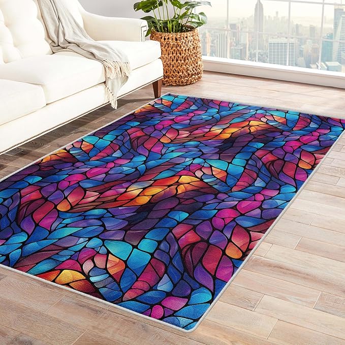 Abstract Rug, 7x10 Rug, Stained Glass Rugs for Living Room Bedroom, Modern Large Area Rug, Washable Rug Non Slip Soft Indoor Carpet, Kids and Pets Friendly, Abstract Home & Room Decor