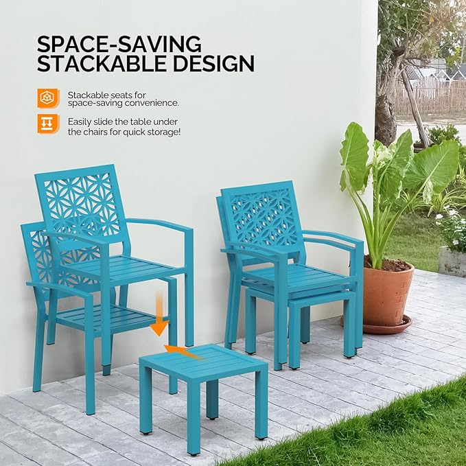 VINGLI 3-Piece Outdoor Bistro Set, Stackable Modern Metal Steel Table and Chairs