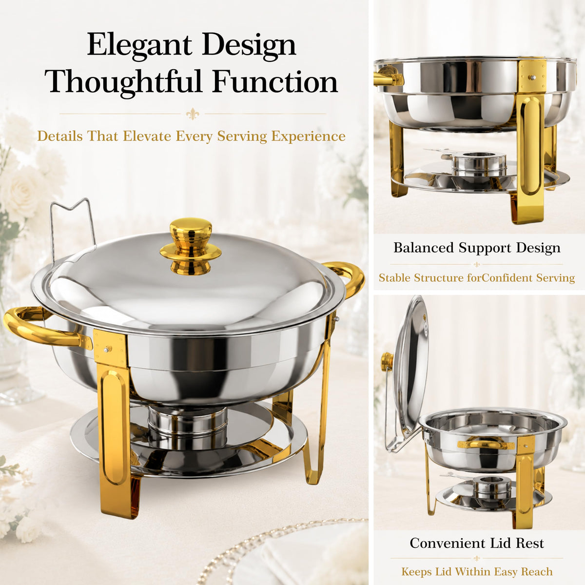 Frizoky 7QT Round Chafing Dishes for Buffet, 4 Pack, Gold Accent