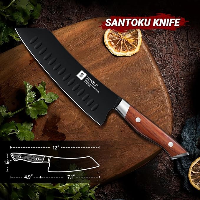 TIVOLI Santoku Knife, 7 Inch Professional Chef Knife with Wood Handle