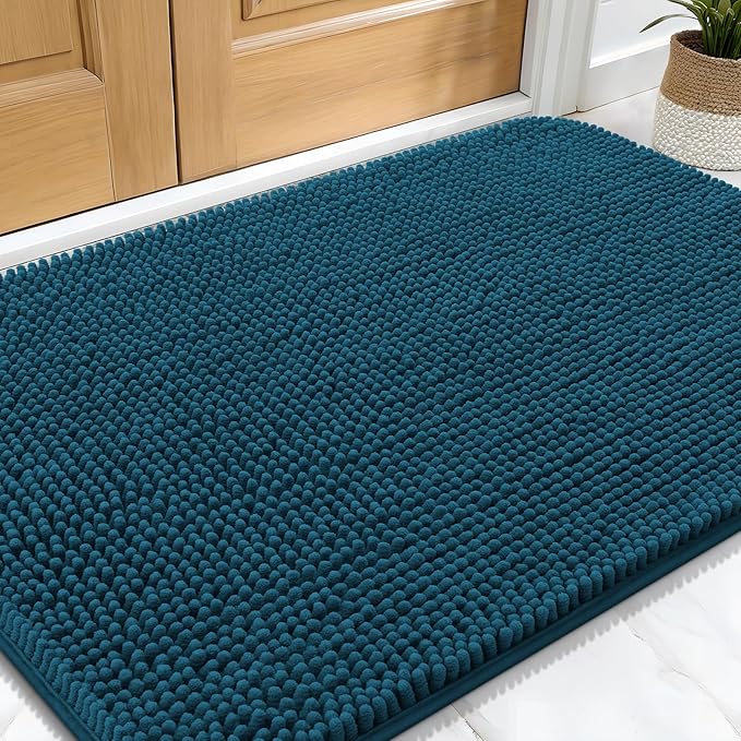 OLANLY Dog Door Mat for Muddy Paws 34x21, Absorbs Moisture and Dirt, Absorbent Non-Slip Washable Doormat, Quick Dry Chenille Mud Mat, Entry Indoor Entryway Carpet for Inside Floor, Atlantic Blue