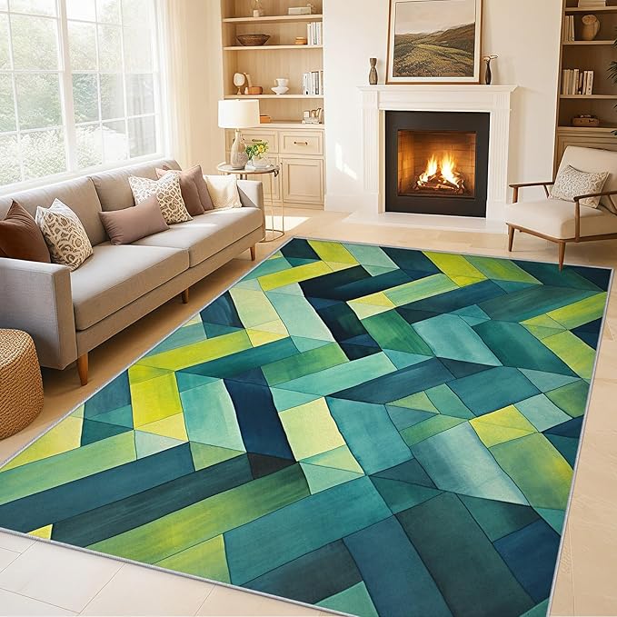 4x5 Geometric Zigzag Rugs for Bedroom Decor, Washable Green Chevron Pattern Area Rug, Living Room Home Decoration, Non Slip Soft Thin, Modern Abstract Geometry Decor Carpet PF-P 49