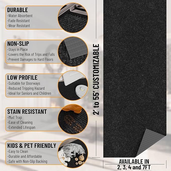 Ottomanson 2'7" x 30' Hallway Runner with Scraper Pile - Extra Durable Non-Slip Rug Mat for Indoor & Outdoor Use - Ideal for Kitchen, Entryway & Garage - High-Traffic Carpet, Black