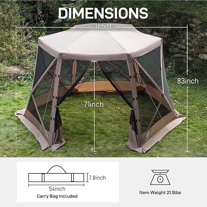 EVER ADVANCED Pop up Screen House Tent for Camping 11.5 x 9.8 ft, Instant Screened Gazebo Canopy with Netting, Portable Shelter Enclosure for Outdoor, Backyard, Khaki