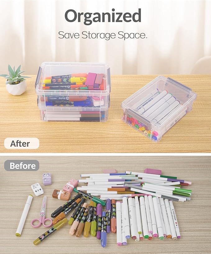 Sooez 6 Pack Extra Large Pencil Box, Plastic Pencil Case Crayon Box Bulk, Clear Marker Organizer Plastic Containers with Lid, Stackable Storage Boxes for Craft, Pen, Art, School Supply, Blue