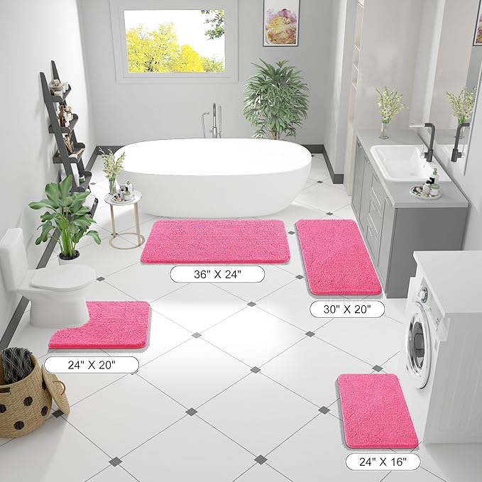 OLANLY Toilet Rugs U-Shaped 24x20, Extra Soft Absorbent Chenille Contour Bathroom Rugs for Toilet, Dry Quickly, Machine Washable, Non-Slip Bath Mat, Hot Pink
