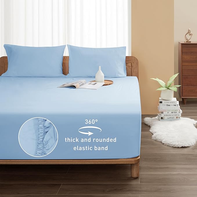 Sunflower Full Fitted Sheet, 1-Piece Deep Pocket Fitted Bottom Sheet 16", 100% Cotton Sateen Soft Breathable, Powder Blue