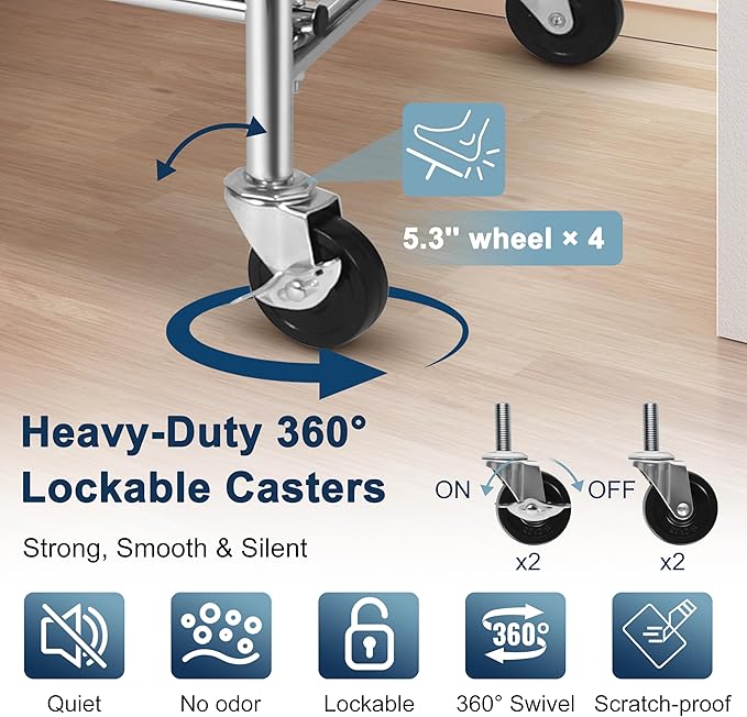 Whitmor Heavy Duty Clothing Rack, Adjustable & Extendable Rolling Garment Rack with Lockable Wheels, Double Rod Clothing Racks with 2 Bottom Shelves, Max Load 500LBS for Hanging Clothes, Chrome