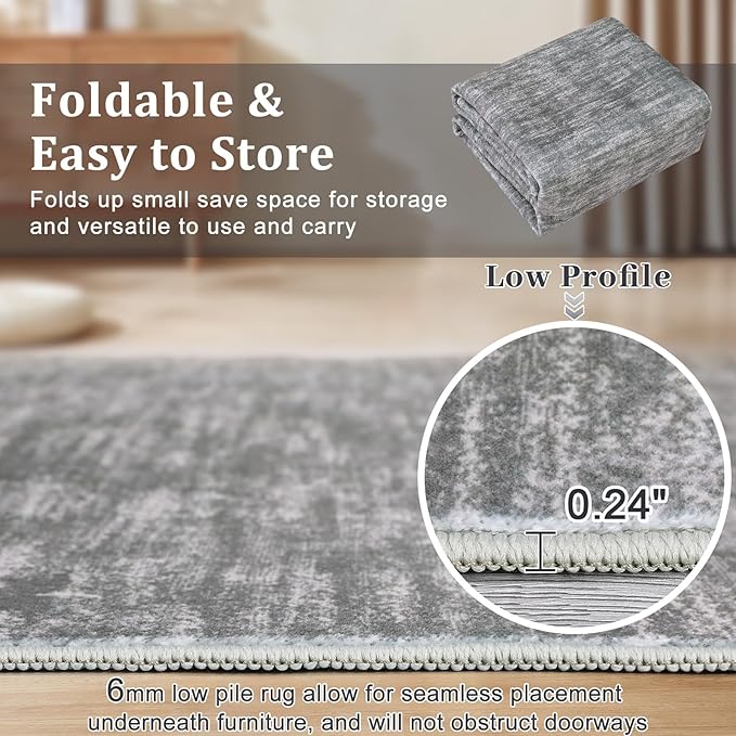 RUGSREAL 3x5 Washable Bedroom Rug Small Indoor Solid Area Rug with Rubber Backing Contemporary Dining Room Throw Rug Grey Solid Color Carpet for Living Room Kitchen Nursery, 3' x 5' Grey