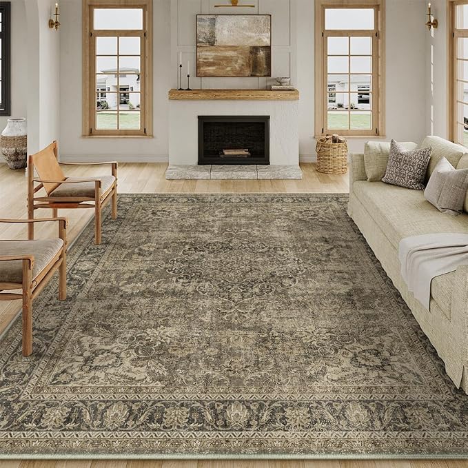 10x14 Brown Area Rug Vintage Living Room Bedroom Washable Carpet Non-Slip Soft Low Pile Distressed Indoor Large Throw Rug for Dining Room Office