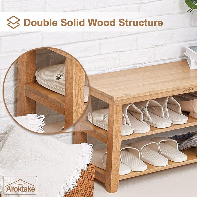 Shoe Rack Storage Bench, 2-Tier Solid Wood Heavy Duty Shoe Organizer Shelf for Entryway, Hallway, Mudroom, Living Room,Bedroom (Natural, 11.81"x 45.7"x 16.54")