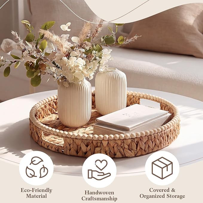 Round Wicker Tray 16'' Water Hyacinth Woven Tray with Handles Decorative Large Serving Trays for Coffee Table for Kitchen, Living Room, Bedroom Home Decor(Water Hyacinth)