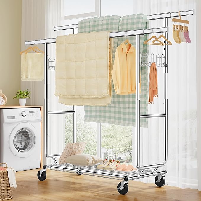 FAVOOSTY Heavy Duty Clothes Rack for Hanging Clothes Double Rods, Rolling & Extending Clothing Rack with Wheels, Garment Coat Rack Freestanding, Portable Clothes Rack, Sliver