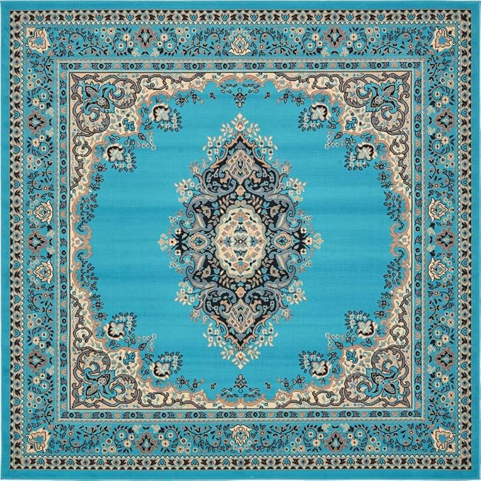 Unique Loom Reza Collection Traditional Persian Style Area Rug, 8' 0" x 8' 0", Turquoise/Ivory