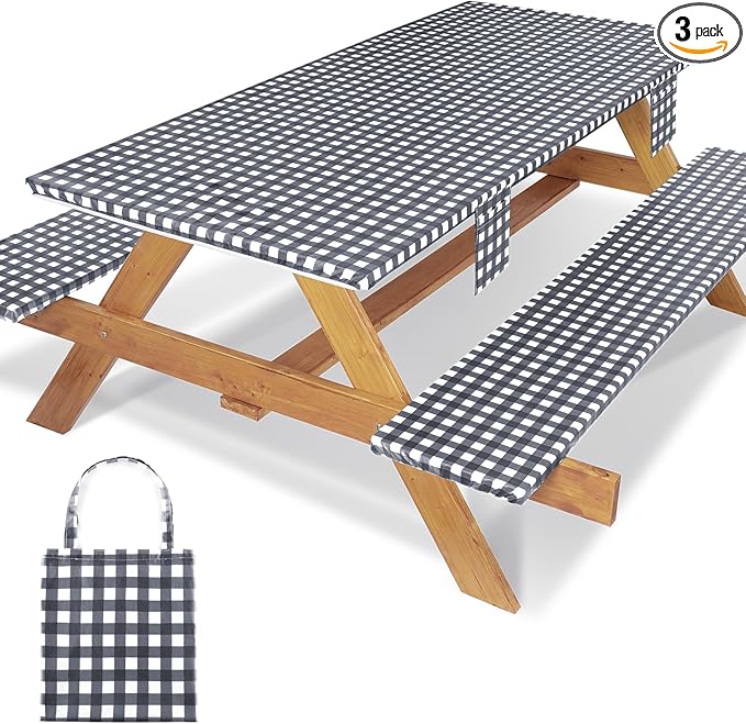 3 Piece Fitted Elastic Picnic Table Cover with Bench Covers 96x30 Inch Weather Proof Outdoor Table Cloth Summer Motorhome Patio Vacation Things White Elephant Gifts for Her Who Have Everything