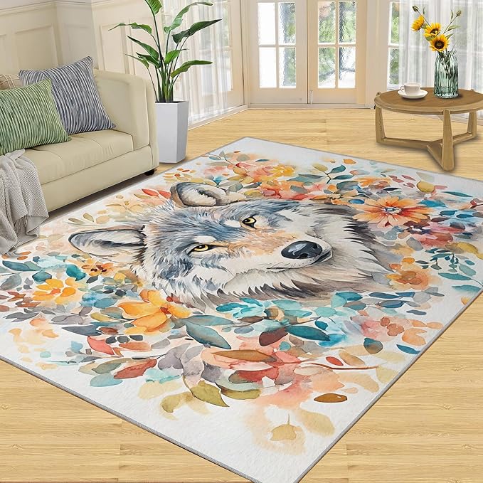 4x6 Wolf Cafe Rug - Watercolor Florals Rugs for Bedroom Aesthetic, Animals Soft Comfortable Non-Slip for Offie Bedroom Study Boy Girl Room Hotel Dorm