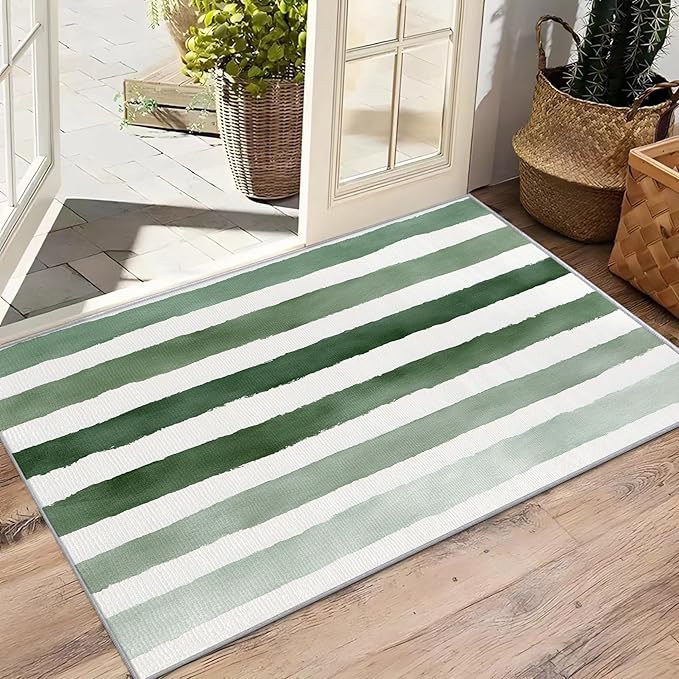 Striped Large Area Rug - 7x10 Rug - Green and White Stripe Minimalist Watercolor Rugs for Living Room Non Slip Low Pile Machine Washable Area Rugs, Striped Carpets Home Decor & Gifts