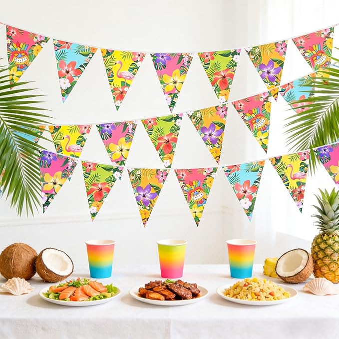 G2PLUS Hawaiian Bunting Banner, 39Ft Pre-Strung Tropical Party Banner, 4 Pack Double Sided Paper Hawaiian Floral Bunting Garland for Luau, Birthday, Baby Shower, Summer Beach Party Decorations