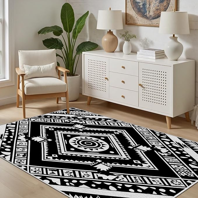 Area Rugs for Living Room 6x9, Moroccan Washable Low Pile Rug, Boho Neutral Farmhouse Ultra Soft Carpet for Bedroom Dining Room Home Decor, Geometric Print Tribal Carpets Black and White