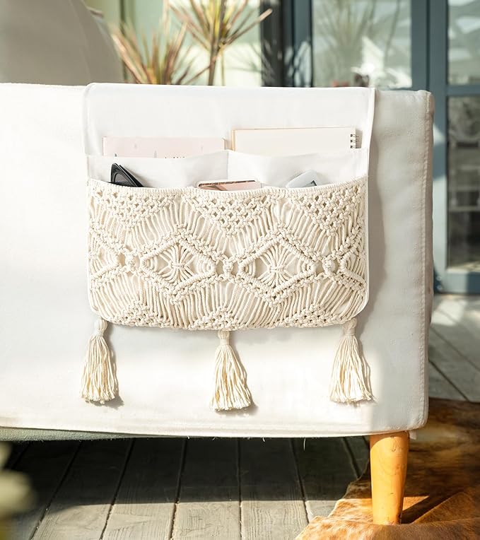 Mkono Macrame Couch Organizer Remote Control Caddy Sofa Armrest Armchair Bedside Storage Holder Bag for TV Remote, Magazine, Books, Cell Phone, iPad, Boho Living Room Home Dorm Decor, Beige, Large