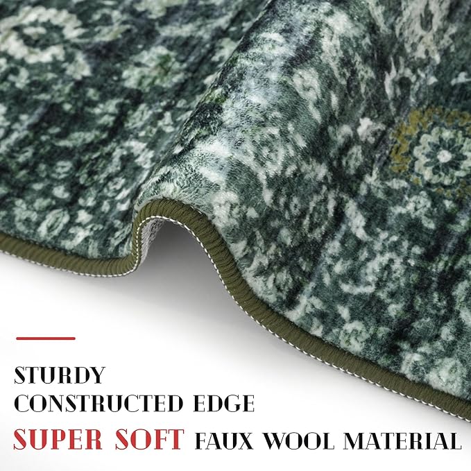 Runner Rug 2x10, Dark Green Washable Long Hallway Rug Runner Non-Slip Soft Kitchen Runner Thin Printed Faux Wool Super Soft Carpet for Entryway Bedroom Laundry Room Indoor