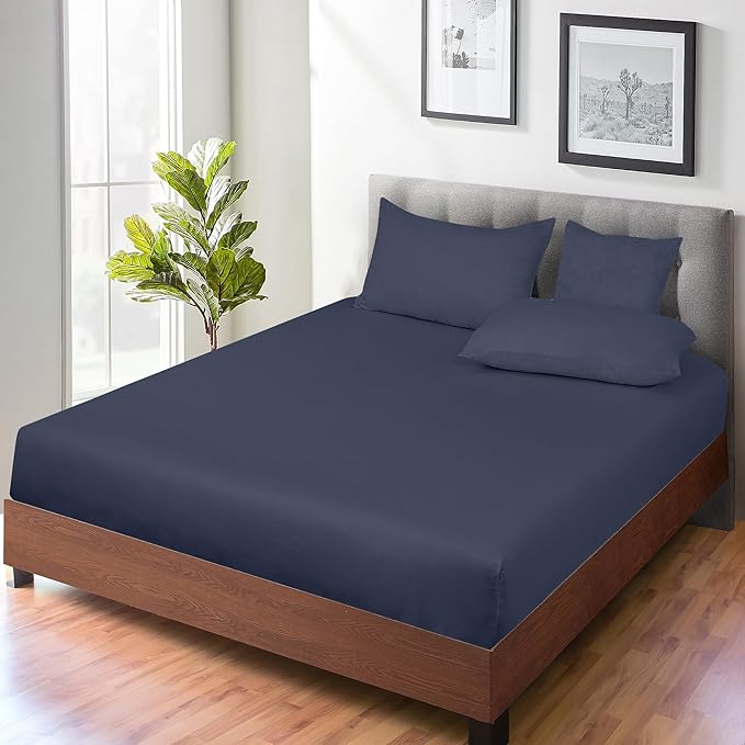 ROYALE LINENS 300 Thread Count 100% Long Staple Combed Cotton Fitted Sheet Full - Super Soft Deep Pocket Bottom Sheet - Fitted Sheets Only - Elastic Sheets (Full, Navy)