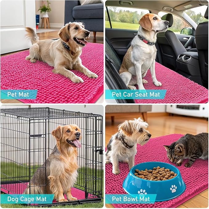 OLANLY Dog Door Mat for Muddy Paws 70x24, Absorbs Moisture and Dirt, Absorbent Non-Slip Washable Doormat, Quick Dry Chenille Mud Mat for Dogs, Entry Indoor Entryway Carpet for Inside Floor, Hot Pink