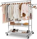 Whitmor Heavy Duty Clothing Rack, Adjustable & Extendable Rolling Garment Rack with Lockable Wheels, Double Rod Clothing Racks with 2 Bottom Shelves, Max Load 500LBS for Hanging Clothes, Chrome