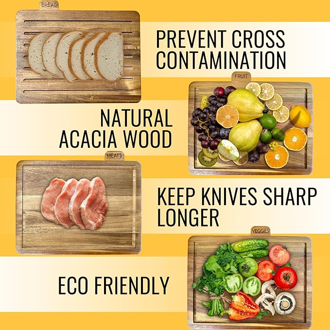 Acacia Cutting Boards for Kitchen with Holder 13" x 11" x 2.5" | Labeled Wood Cutting Board Sets | Large Wooden Cutting Board Set with Black Organized Stand (Acacia White Holder)