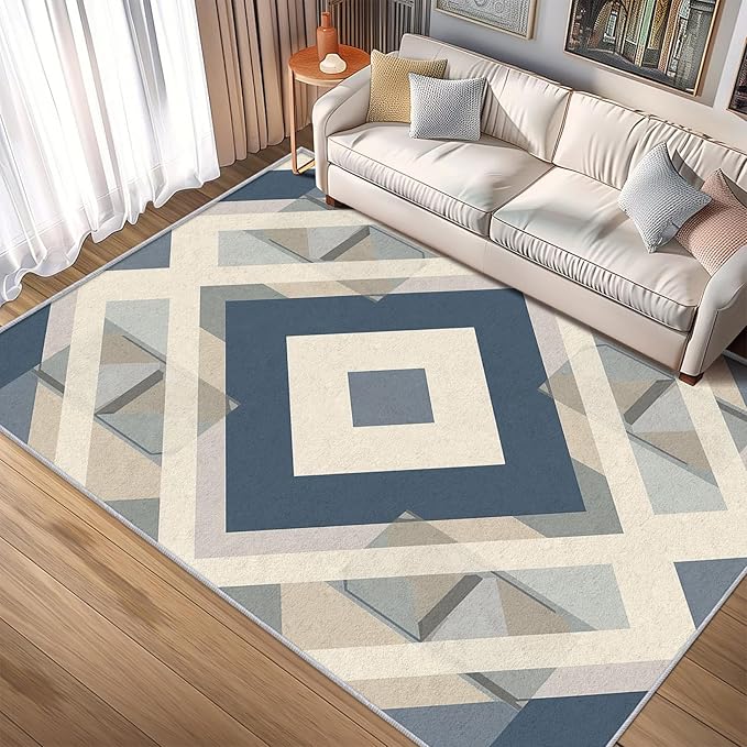 Geometric Rug, Washable 5x7 Rug for Living Room, Modern Abstract Patterned Indoor Carpet, Geometric Decor for Home, Bedroom, Soft Non Slip Thin Design FER98