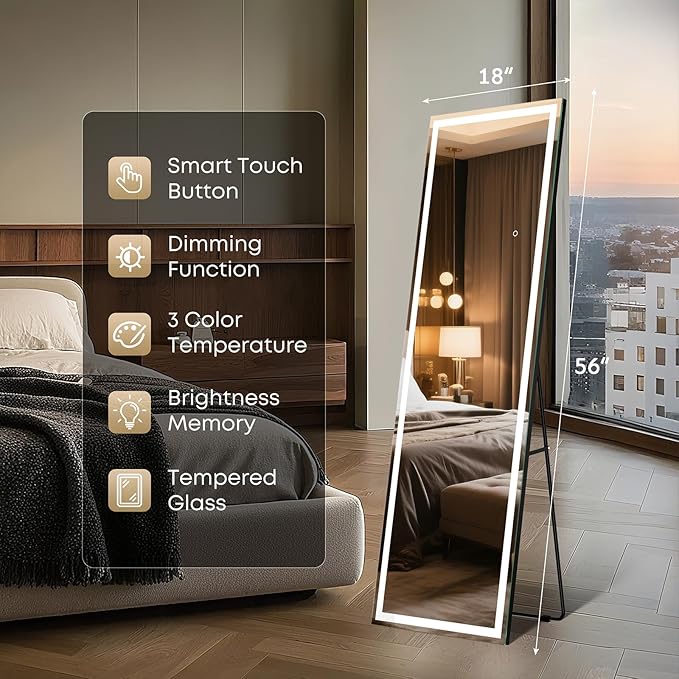 Kosmonia 56"x18" Full Length LED Mirror with Lights, Dimmable Standing/Wall Mirror for Bedroom, Full Body Lighted Floor Mirror, Tempered Glass, Easy Setup w/Stand, Wall/Standing