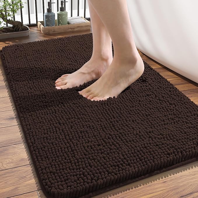 OLANLY Bathroom Rugs 34x21, Extra Soft Absorbent Chenille Bath Rugs, Rubber Backing Quick Dry, Machine Washable Bath Mats for Bathroom Floor, Tub and Shower, Home Decor Accessories, Brown