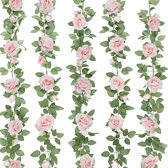 ZIFTY 5Pcs 32.5FT Pink Flower Garland Fake Rose Vines for Tea Party Mother's Day Decorations Faux Artificial Floral Garland Hanging Rose Ivy for Baby Shower Wedding Arch Ceremony Outdoor Wall Decor