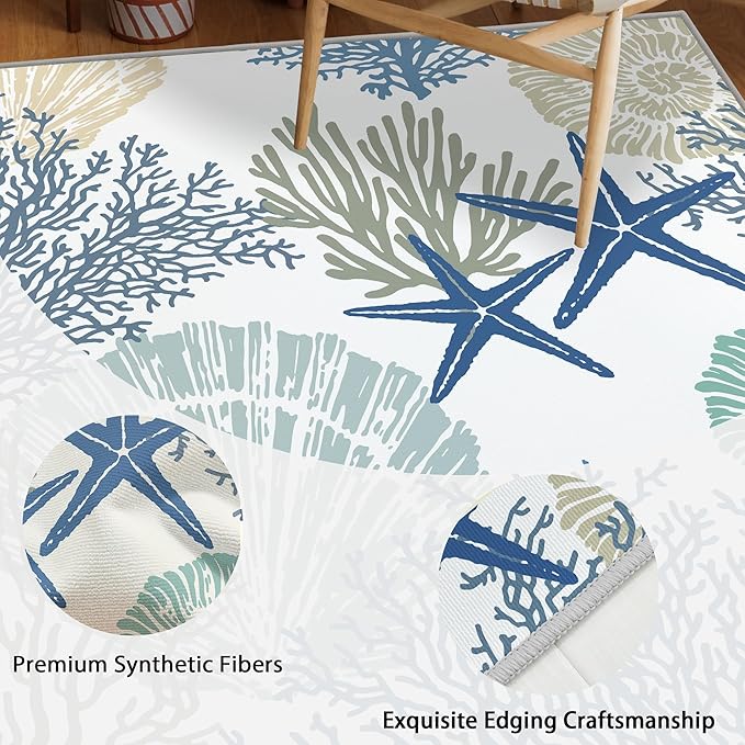 Tritard Coastal Area Rugs Nautical Beach Themed Non-Slip Machine Washable Rugs Modern Floor Carpet for Living Room Bedroom, 4x6, Blue