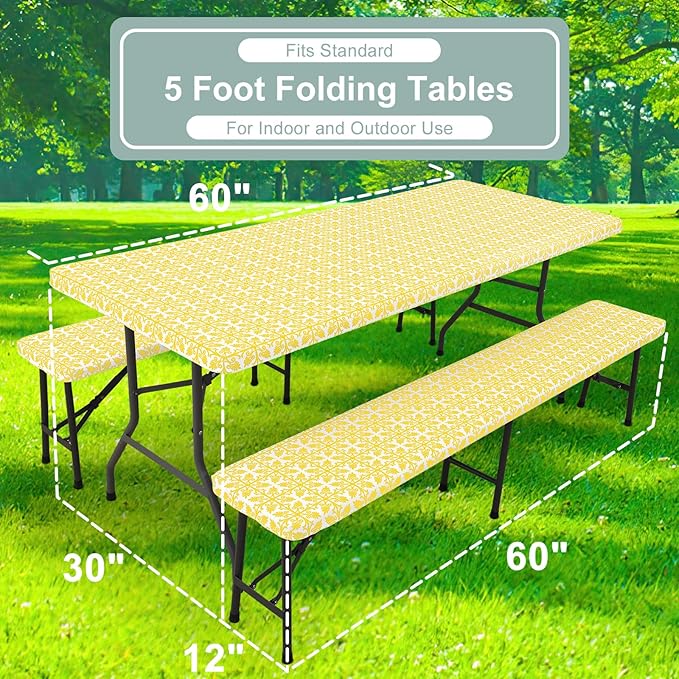 misaya Picnic Table Cover with Bench Cover, Waterproof Elastic Fitted Tablecloth for 5 Foot Tables, Rectangle Washable Polyester Tablecloths for Picnic, Camping, Outdoor (Yellow, 30" x 60")