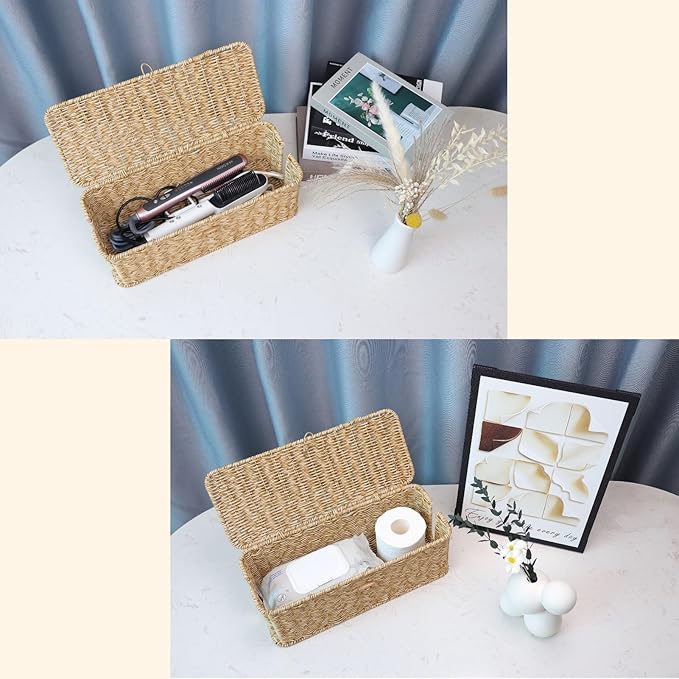 BROWNLILY Cable Management Box, Rattan Style Cord Organizer for Desk Cord Hider Outlet Covers Baby Proofing for Power Strip TV PC Router Charger Under Desk Storage with Lockable Lid and Cable Ties