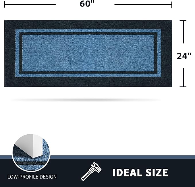 PURRUGS Dirt Trapping Door Mat 24" x 60", Non-Slip/Skid Machine Washable Entryway Rug, Shoes Scraper, Area Rug, Super Absorbent Welcome Mat for Muddy Wet Shoes and Paws, Light Blue & Navy