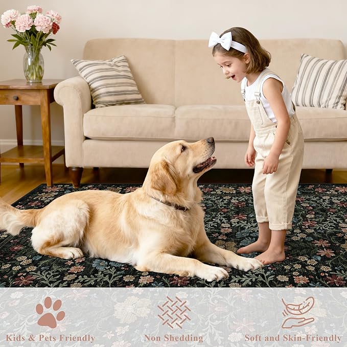 DUKINO 6x9 Rugs for Living Room, Vintage Washable Rug with Non Slip Backing, Floral Low Pile & Non-Shedding Large Area Carpets for Bedroom, Dining Room, Farmhouse, Home Office, Black