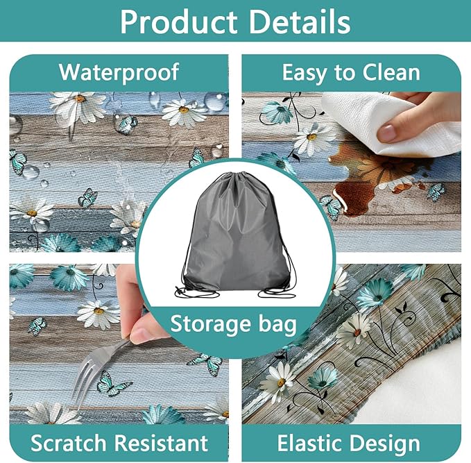Floral Picnic Table Cover with Bench Covers, Camping Essentials, Wooden Flower Butterfly Waterproof Windproof, Fitted Tablecloth Cover with Elastic Edge, for Indoor, Outdoor, 3 PCS, 30x72 Inch