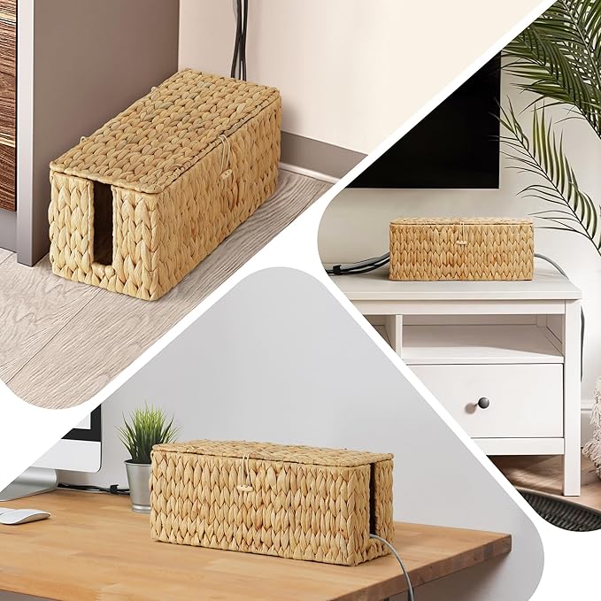 Posprica Cable Management Box with Lid, 2Pack Handwoven Real Water Hyacinth Cord Hider Organizer Boxes, 2 Side Open Slots Storage Box to Hide Cords Power Strip for Desk, Floor, Office