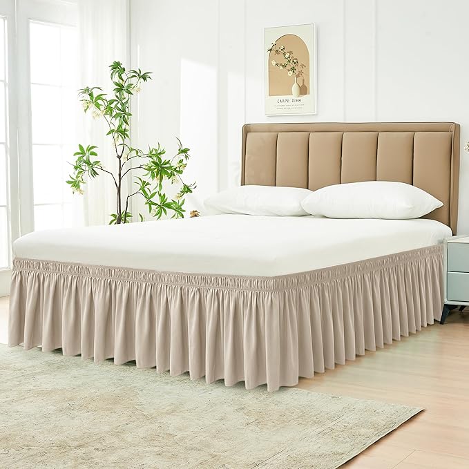 Biscaynebay Wrap Around Bed Skirts for King & Cal King Beds 21" Drop, Light Camel Adjustable Elastic Dust Ruffles Easy Fit Wrinkle Resistant Silky Luxurious Fabric Machine Washable