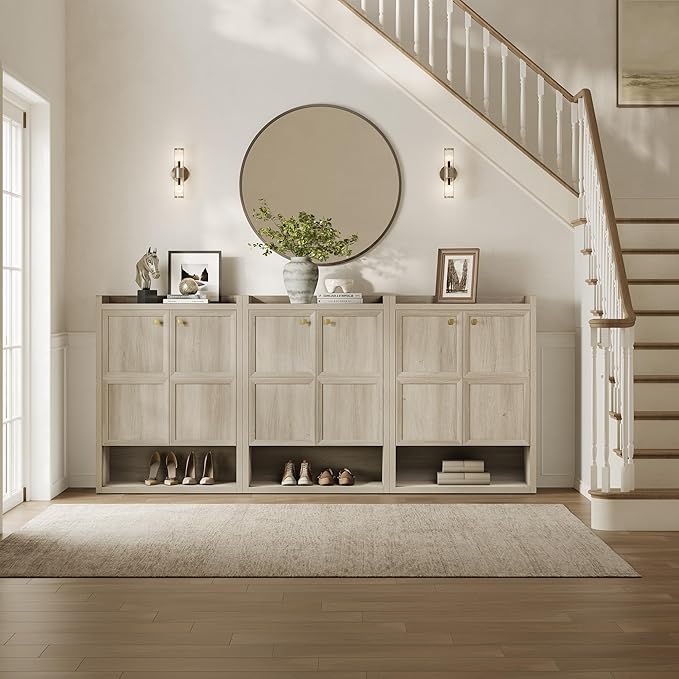 SICOTAS Shoe Cabinet Storage for Entryway - 48-Pair Shoe Cabinets with Doors and Adjustable Shelves, Farmhouse Large 7-Tier Shoes Storage Cabinet for Mudroom Closet Hallway, Grey White Oak, 2PCS