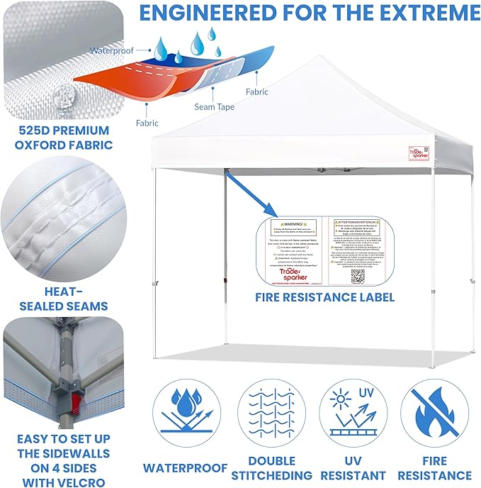 Tradesparker 10x15 Pop Up Canopy Tent,Commercial Movable Canopy with ApexCore LED&Rugged Casters-Instant Easy Setup Shelter Canopies with Weight Bags&Stakes for Outdoor Events Markets Vendors,White
