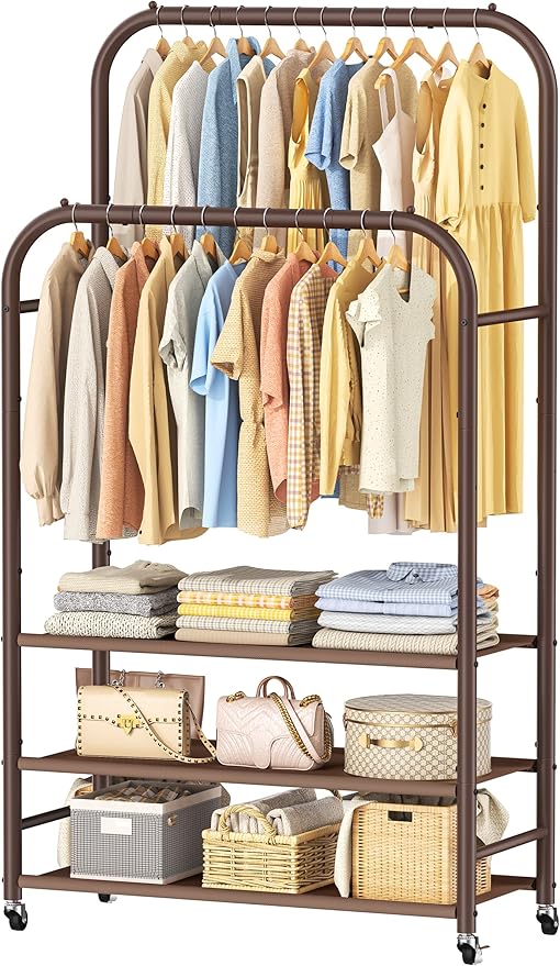 HOMIDEC Double Rods Clothes Rack Clothing Rack with 3 Tier Storage Shelves Clothes Rack for Hanging Clothes Multifunctional Heavy Duty Clothes Organizer for Bedroom,Wardrobe Closet,Shop,Brown