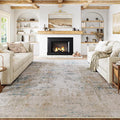 8x10 Washable Area Rug Beige Blue Abstract Living Room Bedroom Carpet Neutral Modern Non Slip Soft Low Pile Large Throw Rug for Dining Room Kitchen Office