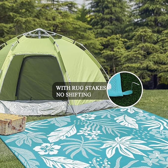 Pauwer Waterproof Outdoor Rug 8x10, Reversible Plastic Straw Patio Camping Rug, Indoor Outdoor RV Mat Carpet for Deck, Camper, Porch, Balcony, Backyard, Picnic, Floral Teal