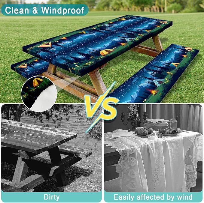 Camping Picnic Table Cover with Bench Covers, Camping Essentials, Forest Campfire Tent Flowers Outdoor Table Covers, Waterproof Windproof, Fitted Tablecloth Cover with Elastic Edge, 3 PCS, 30x96 Inch
