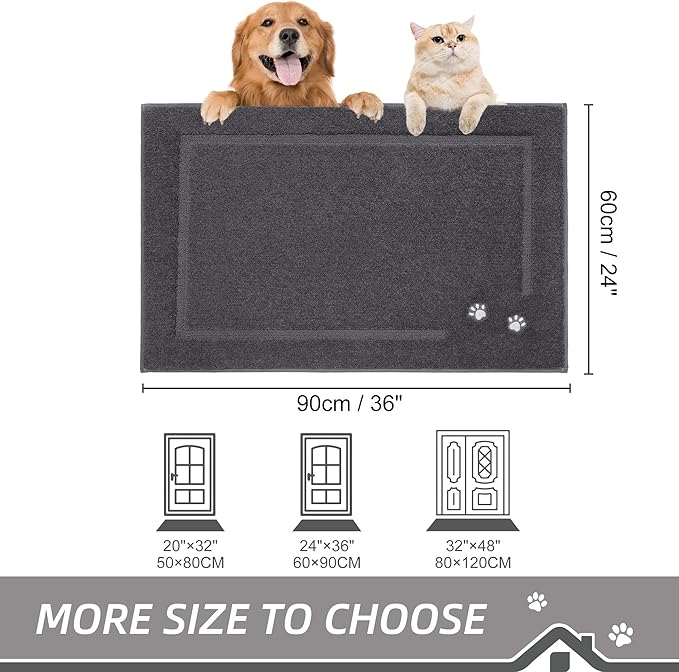 BEQHAUSE Dog Door Mat for Muddy Paws 24"x36" Dirt Trapper Absorbent Doormat Non Slip Entryway Rugs Washable Stain Resistant Welcome Floor Mat Soft Low-Profile for Front Back Door, Dark Grey