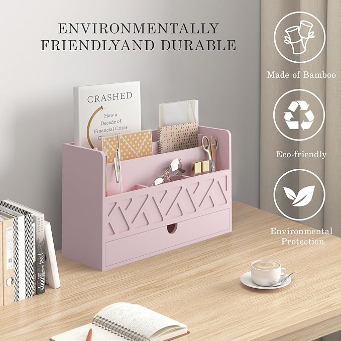 Wisuce Bamboo Mail Organizer Countertop Desktop with Drawer - All-in-One Desk File Organizer with Pencil Holder (Pink)